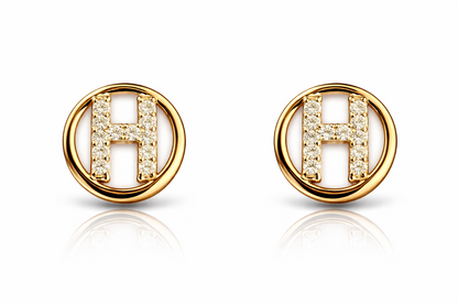 14k Yellow or White Gold Round Initial Letters CZ Stud Earrings