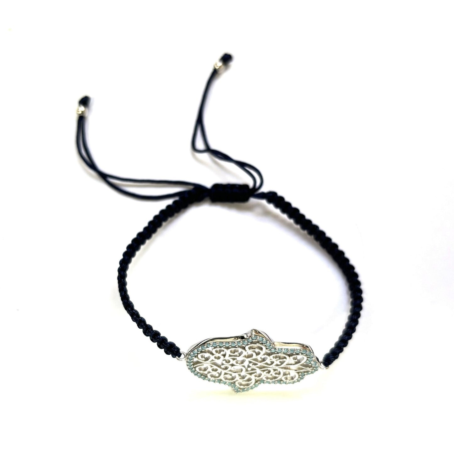 925 Sterling Silver  C Z Hamsa Bracelet 6" Adjustable to 11"
