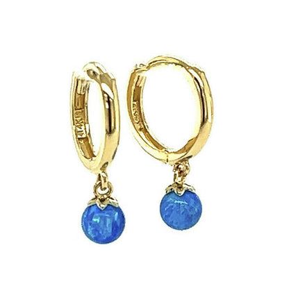 14k Yellow / White Gold Blue Opal Huggie Dangle Earrings