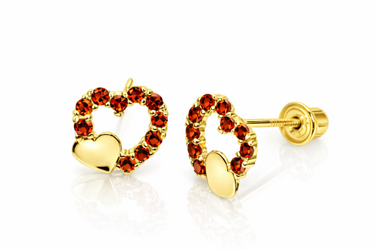14K Yellow or White Gold Double Heart Stud Earrings with CZ  (Cubic Zirconia)