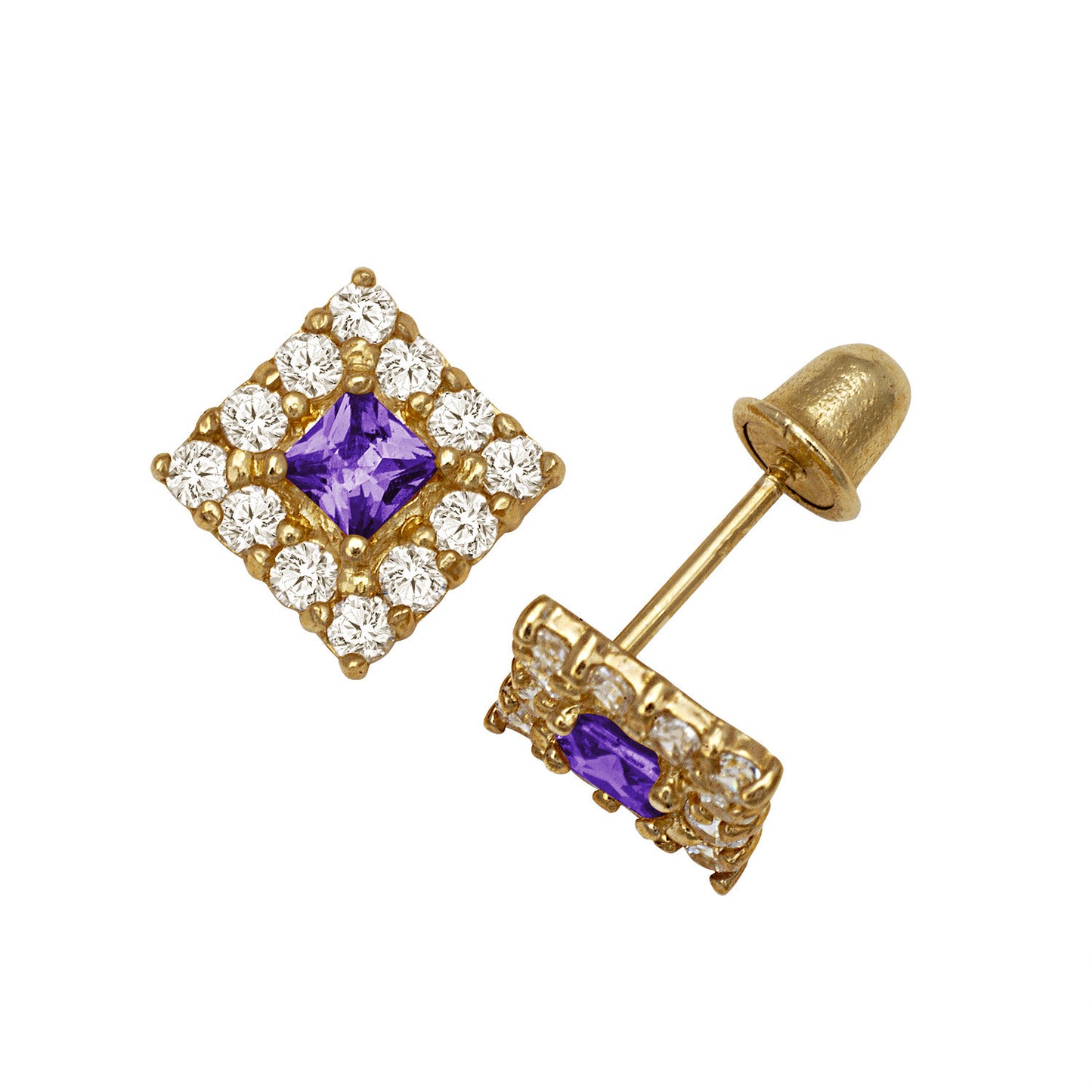 14k Yellow and White Gold CZ Birthstone Stud Screw Back Earrings