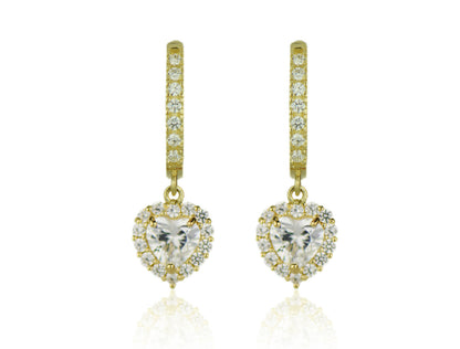 14k Yellow Gold Halo Heart Dangle Leverback Earrings