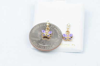 14K Solid Yellow Gold Butterfly Dangle Earring with Enamel