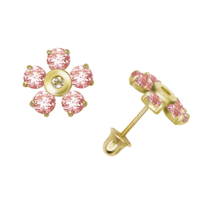 14k Yellow or White Gold CZ Flower Birthstone Stud Screw Back Earrings