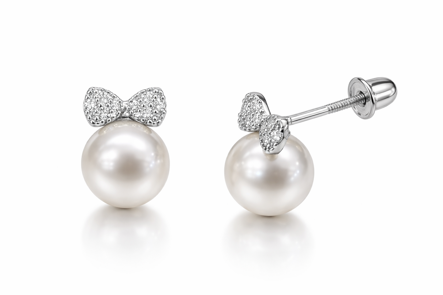 14K Yellow and White Gold Bow Tie Pearl CZ Stud Earring