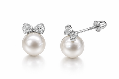 14K Yellow and White Gold Bow Tie Pearl CZ Stud Earring