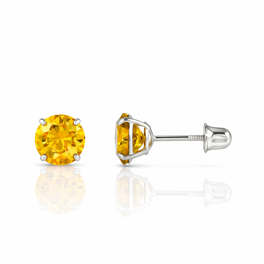 14K Solid White Gold 4mm Round Birthstone Stud Earrings with screw back