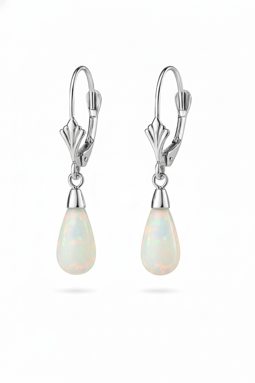 14k-Yellow and White Gold  Dangle Opal Leverback Earrings