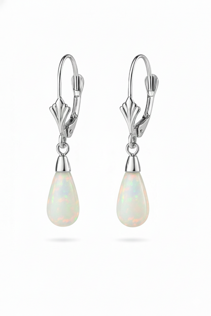 14k-Yellow and White Gold  Dangle Opal Leverback Earrings