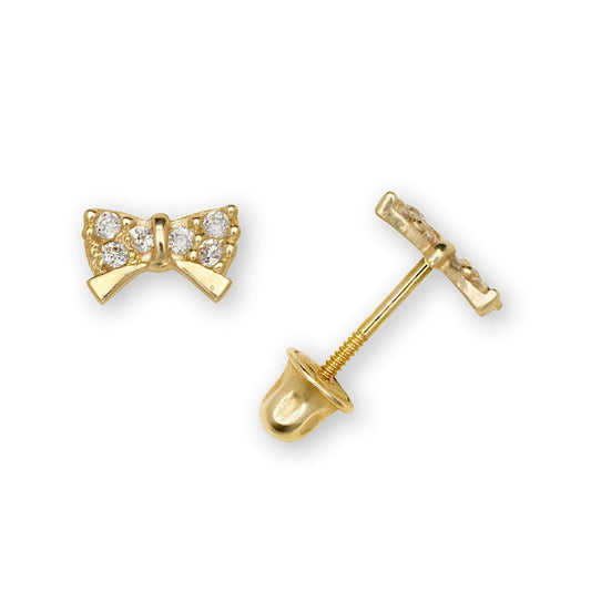 14K Yellow & White Gold Unique CZ Bow Post Earrings for Women