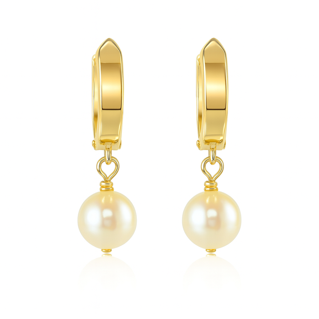 14k Yellow Gold Freshwater Pearl Huggie Dangle Earrings