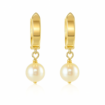 14k Yellow Gold Freshwater Pearl Huggie Dangle Earrings
