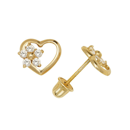 14K Yellow & White Gold Heart Shaped CZ Stud Earrings for Women