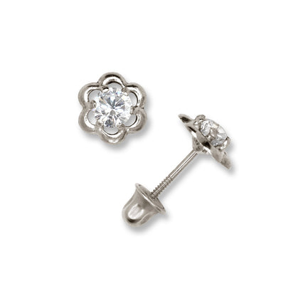 14K Yellow & White Gold Minimal CZ Flower Screw Back Studs Earrings for Women