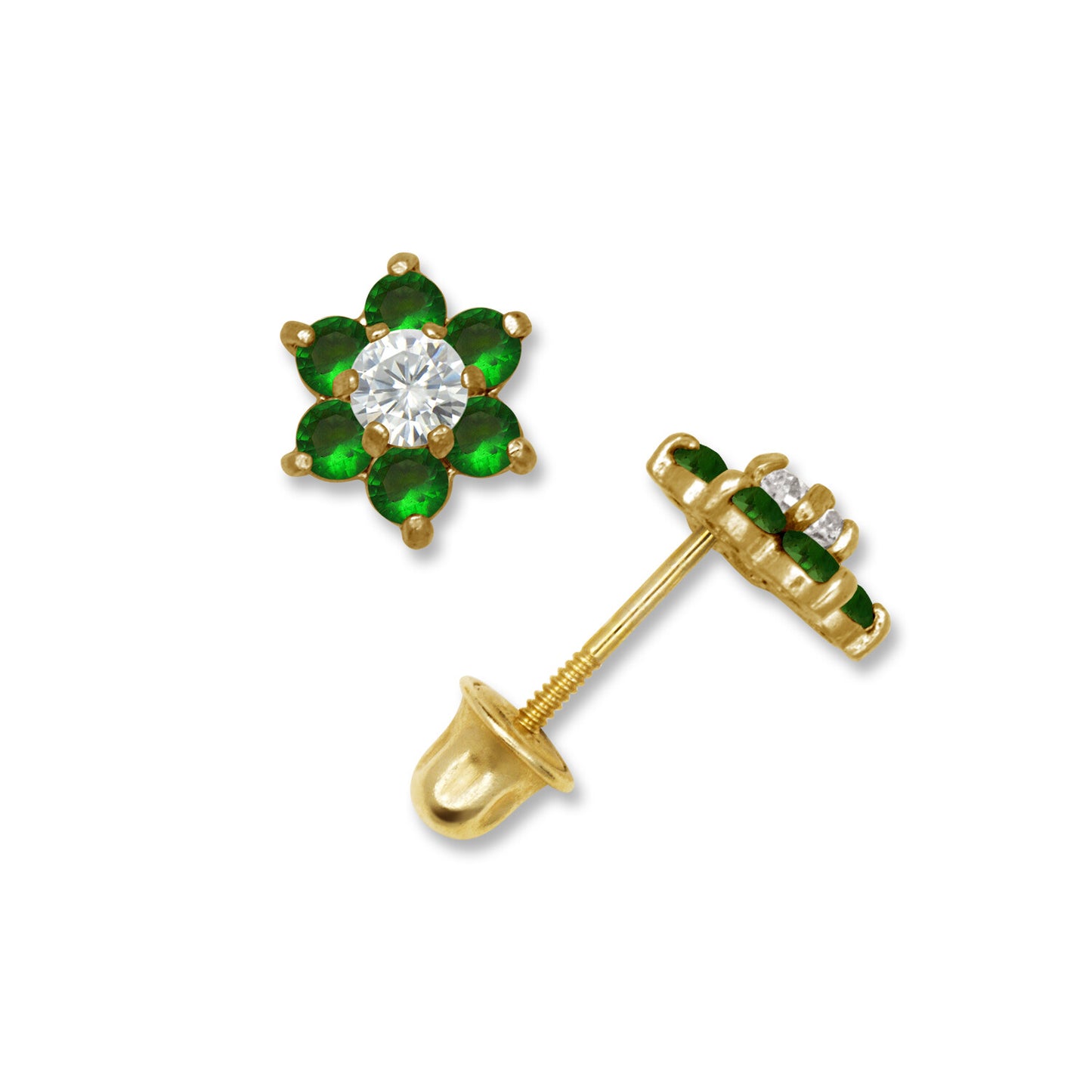 14k Yellow Gold CZ Flower Birthstone Stud Screw Back Earrings