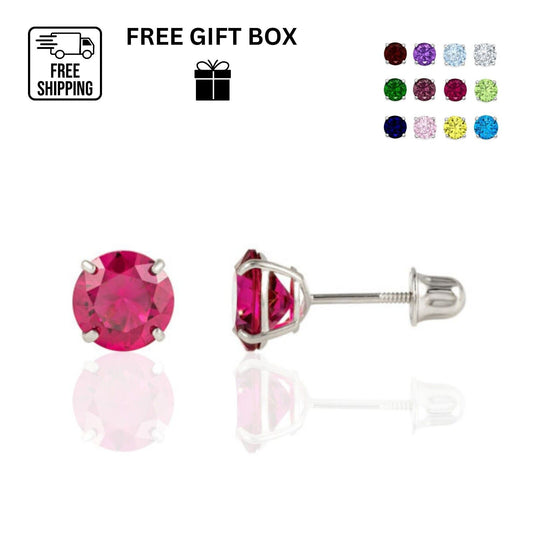 14K Solid White Gold 4mm Round Birthstone Stud Earrings with screw back