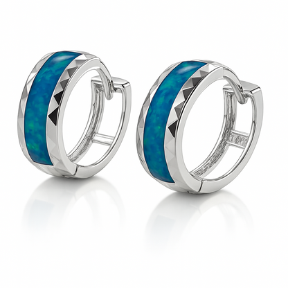 14k White Gold Dark Green Opal Huggie Hoop Earrings