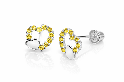 14K Yellow or White Gold Double Heart Stud Earrings with CZ  (Cubic Zirconia)