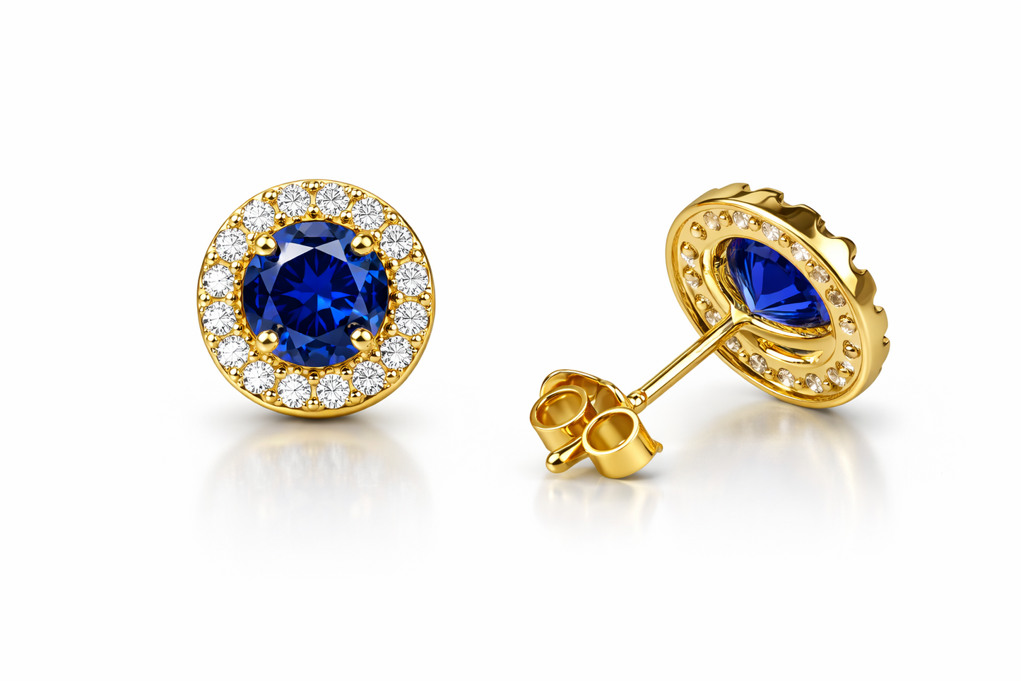 14K Solid Yellow Gold Halo Stud Push Back Earrings