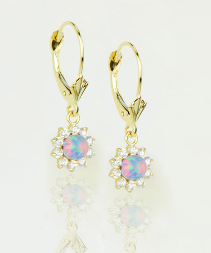14k-Yellow-Gold-Opal Flower-CZ-Dangle-Earrings