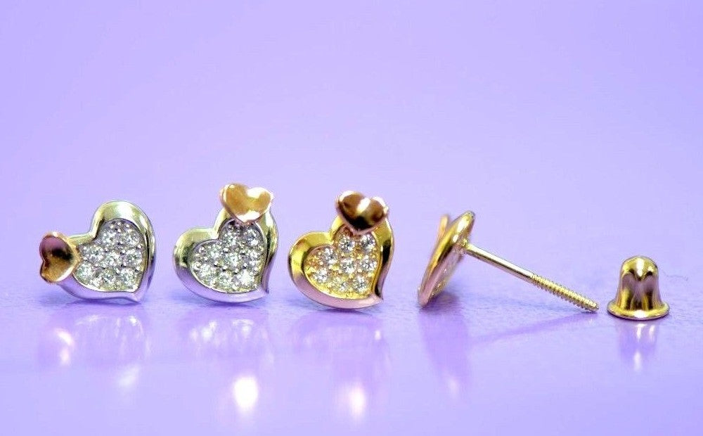 14K White Yellow Gold Heart Shape CZ Stud Earrings