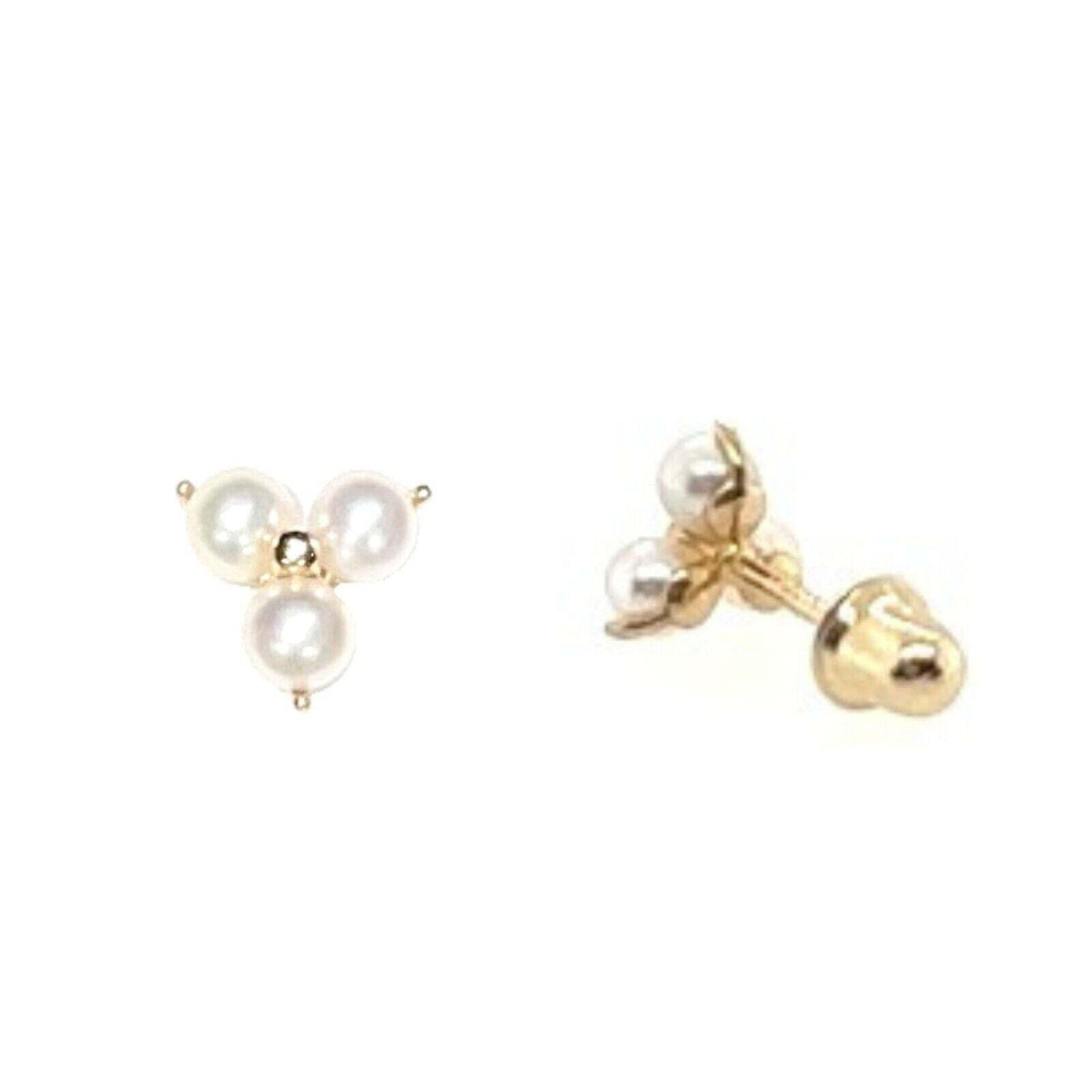 14K Solid Yellow Gold  Pearl Screw Back Stud Earrings