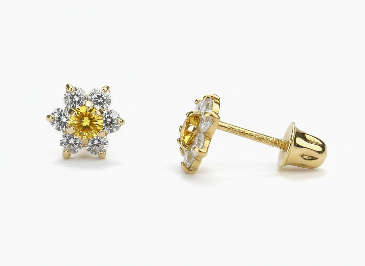 14k Yellow Gold Beautiful Flower Shaped Earrings for Women