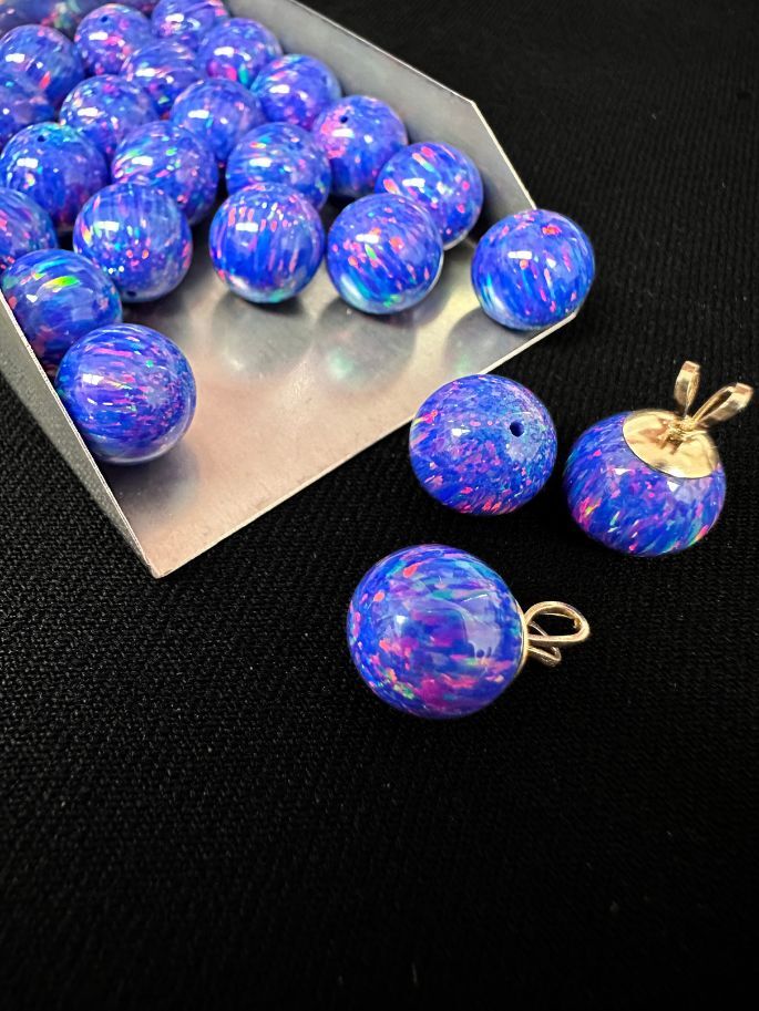 Half Drilled Dark Purple Synthetic Lab Created Opal Round Beads