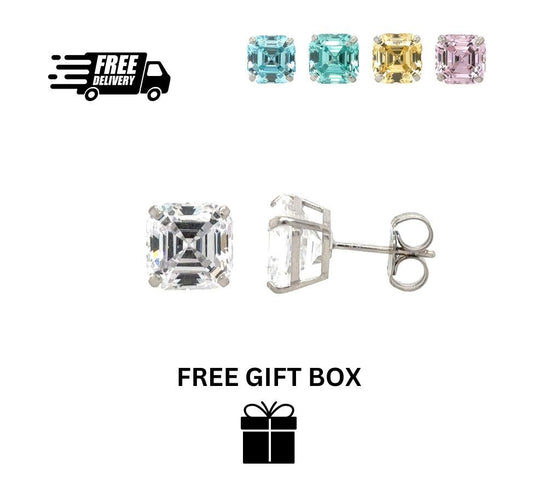 14K White Gold Asscher Cut Stud Earrings Push Back