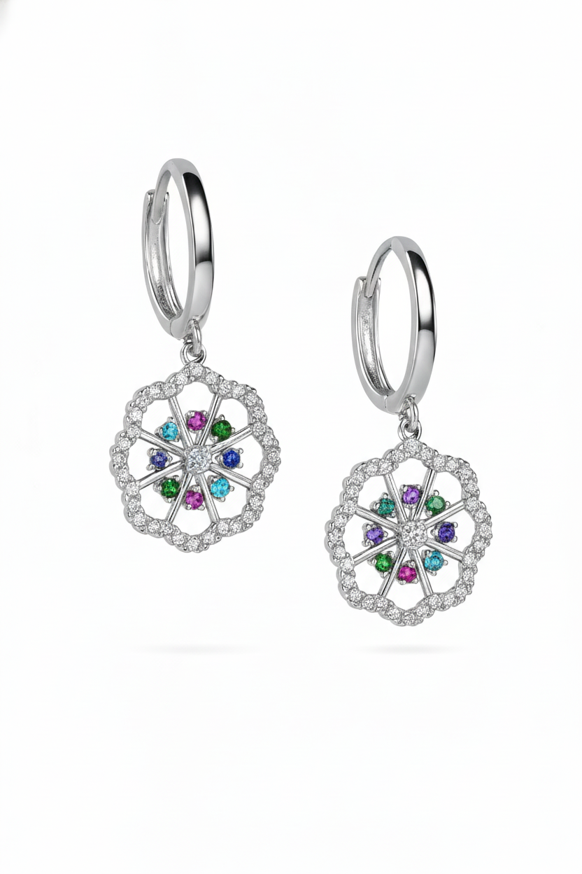 14k Yellow White Gold Dangle CZ Flower Huggie Earrings