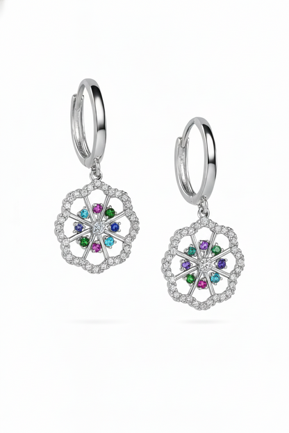 14k Yellow White Gold Dangle CZ Flower Huggie Earrings