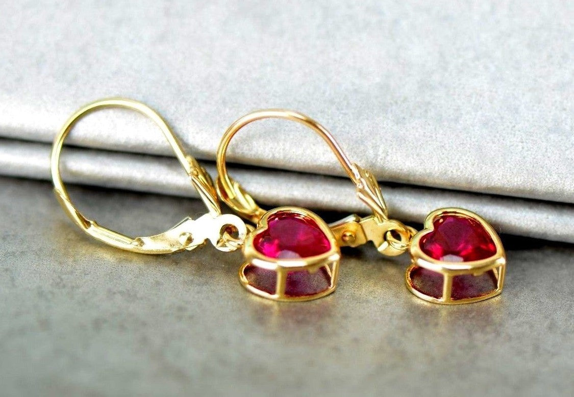 14k Yellow Gold Bezel Heart Birthstone Dangle Leverback Pierced Earrings  6x6 MM