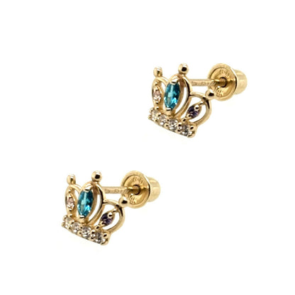 14K Solid Yellow Gold Crown Screw Back CZ Stud Earrings