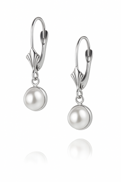14k Yellow or White Gold Leverback Dangle White Natural Pearl Earrings