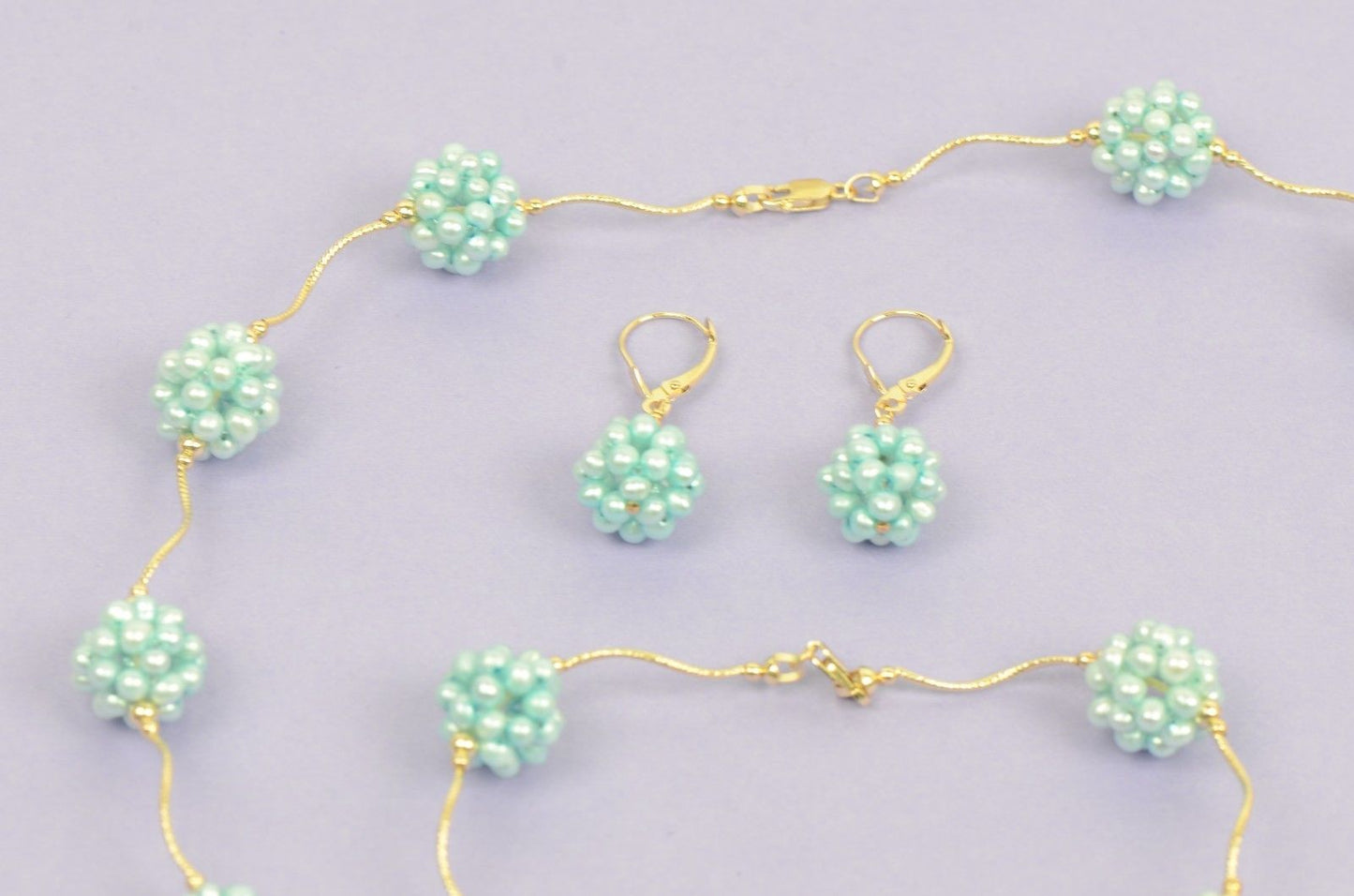 14k Yellow Gold Genuine dyed Pearl Jewelry set (necklace,bracelet,earrings)