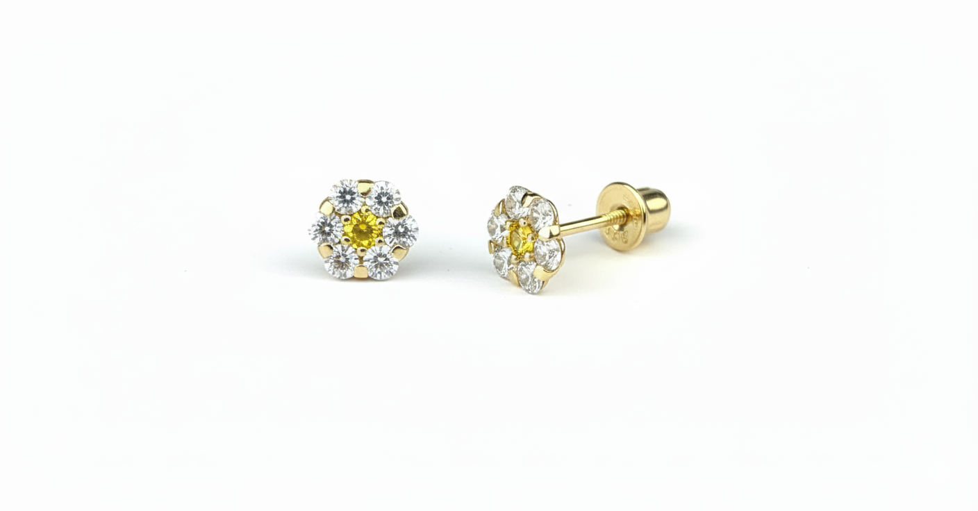14K Yellow Gold Flower Shaped  Screw Back Stud Earrings for Women