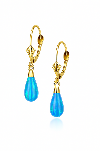 14k-Yellow and White Gold  Dangle Opal Leverback Earrings