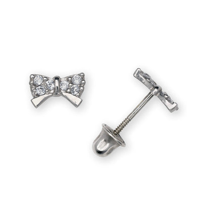 14K Yellow & White Gold Unique CZ Bow Post Earrings for Women