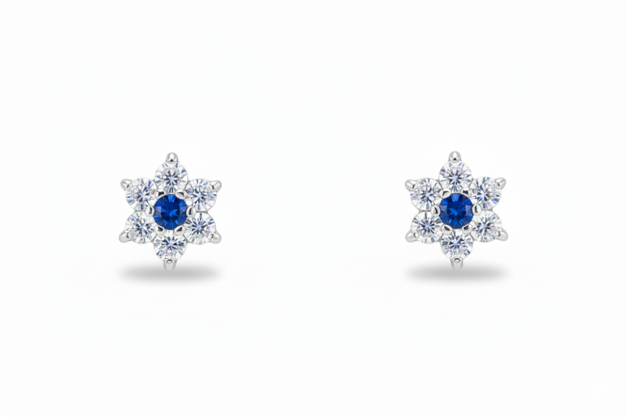 14K White Gold Classic Flower CZ  Stud Earrings for Women