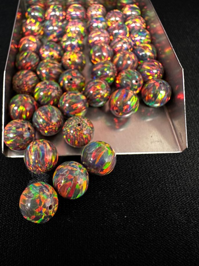 Full Drilled Fire Black Synthetic Lab Created Opal Round Beads