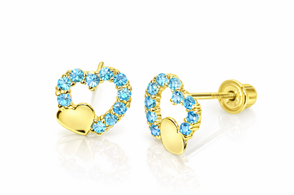 14K Yellow or White Gold Double Heart Stud Earrings with CZ  (Cubic Zirconia)