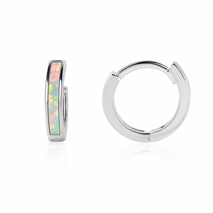14k White Gold One Row White Opal Huggie Hoop Earrings