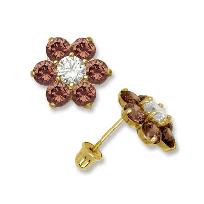 14k Yellow Gold CZ Flower Birthstone Stud Screw Back Earrings
