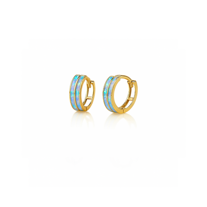 14k Yellow Gold Double Row Light Blue Opal Huggie Hoop Earrings