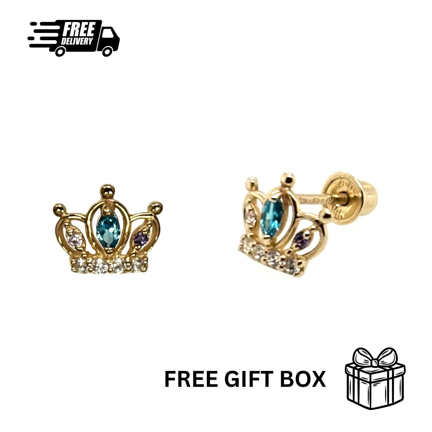 14K Solid Yellow Gold Crown Screw Back CZ Stud Earrings