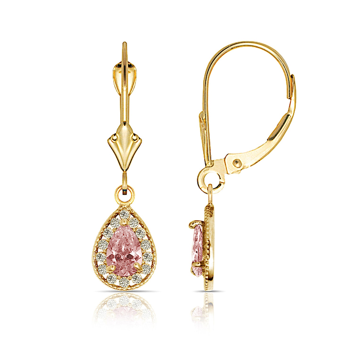14k Yellow Gold Halo CZ Tear Drop Dangle Leverback Earrings