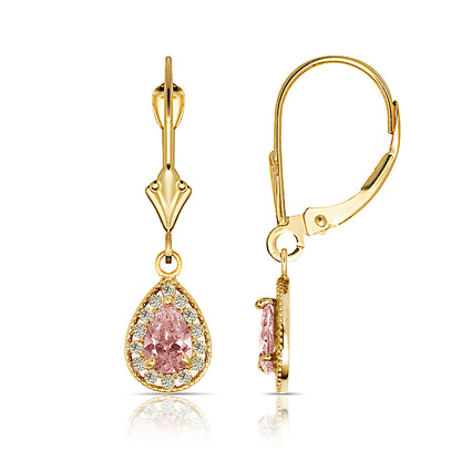 14k Yellow Gold Halo CZ Tear Drop Dangle Leverback Earrings