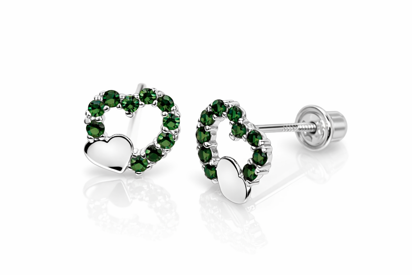 14K Yellow or White Gold Double Heart Stud Earrings with CZ  (Cubic Zirconia)