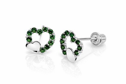 14K Yellow or White Gold Double Heart Stud Earrings with CZ  (Cubic Zirconia)