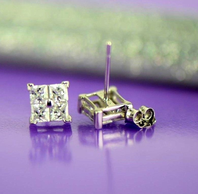 14K Yellow or White Gold Fancy Square CZ Stud Earrings